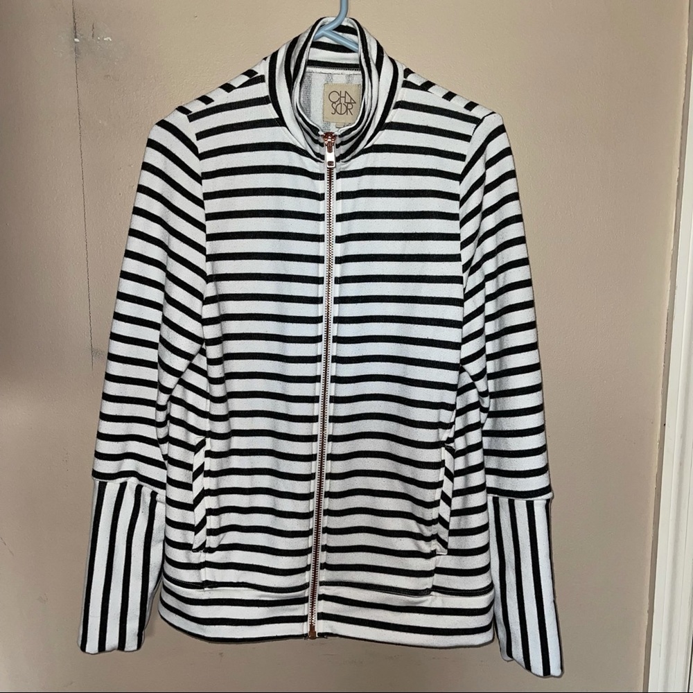 Chaser Black White Striped Terry Winter Track Jacket Size Large